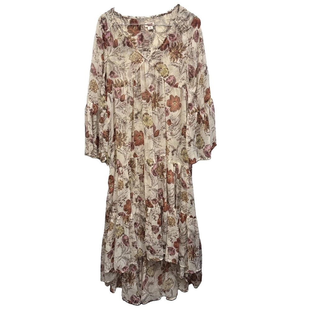 Boho Cottagecore Maxi High Low Dress XS Beige Floral Tiered Peasant Hippie Sheer
